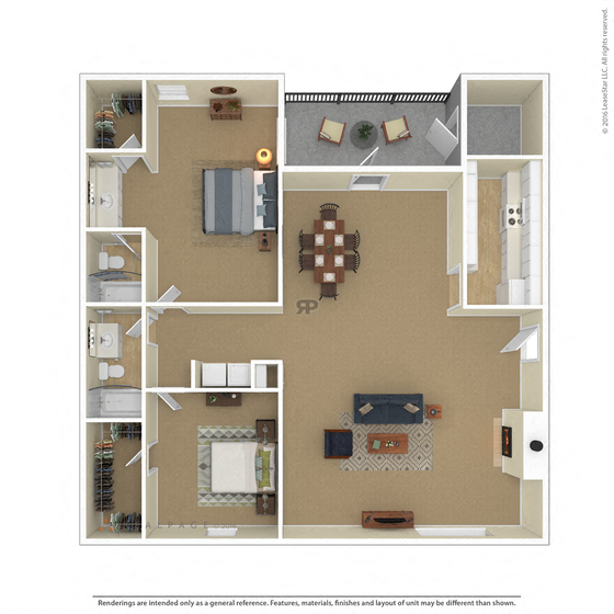 Floor plan for 2 beds, 2 baths, 993 sqft